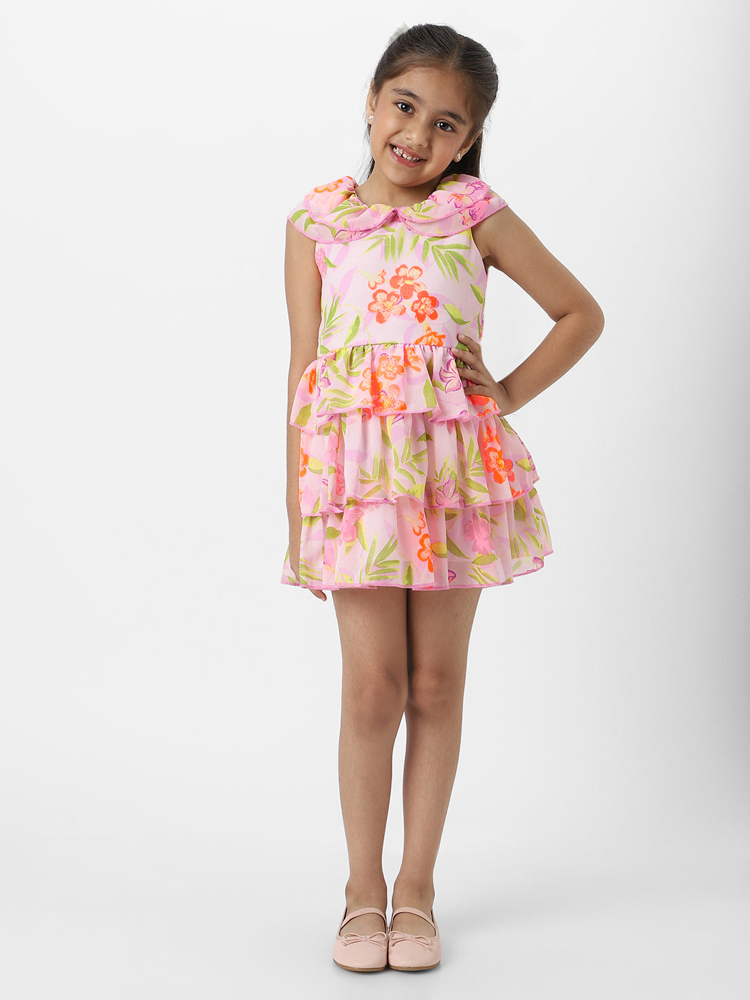 Nautinati Girls Peach Floral Printed Layered Casual Wear Knee Length Frock