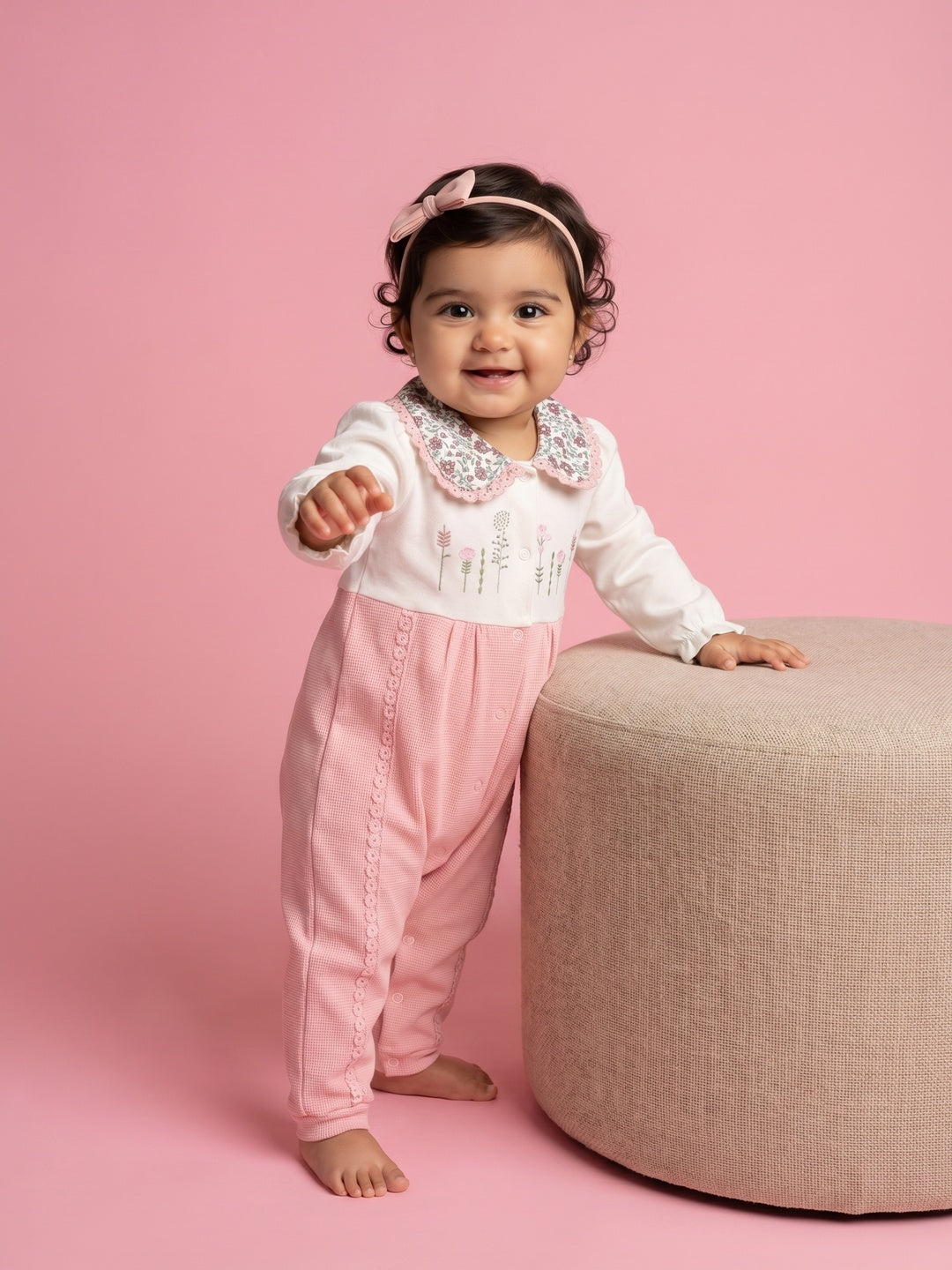 Nautinati Baby Girls' Cotton Floral Embroidered Jumpsuit with Peter Pan Collar and Snap Buttons