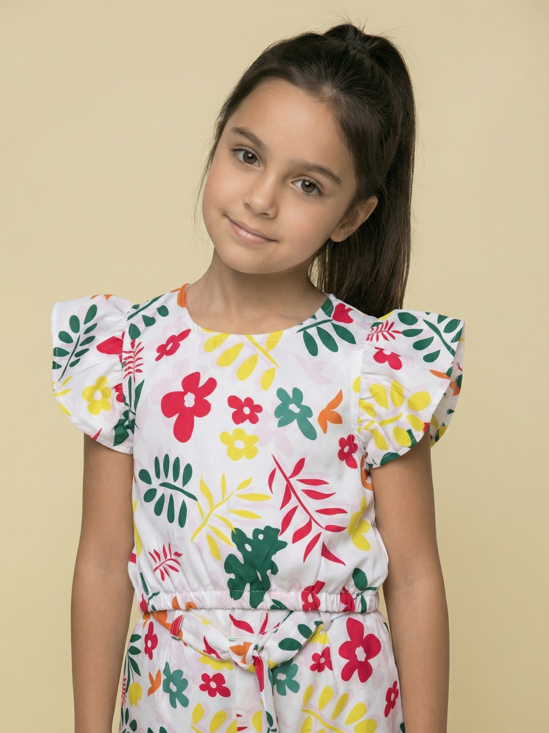Nautinati Girls Tropical Floral Print Regular Fit Cap Sleeve Crop Top with Wide Legged Pants Co-ord Set