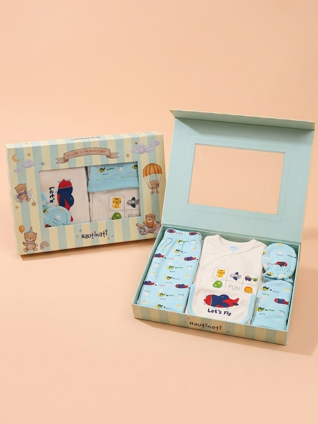 Nautinati Baby Boys Pure Cotton Summer themed Printed 5-pieces Gift Set