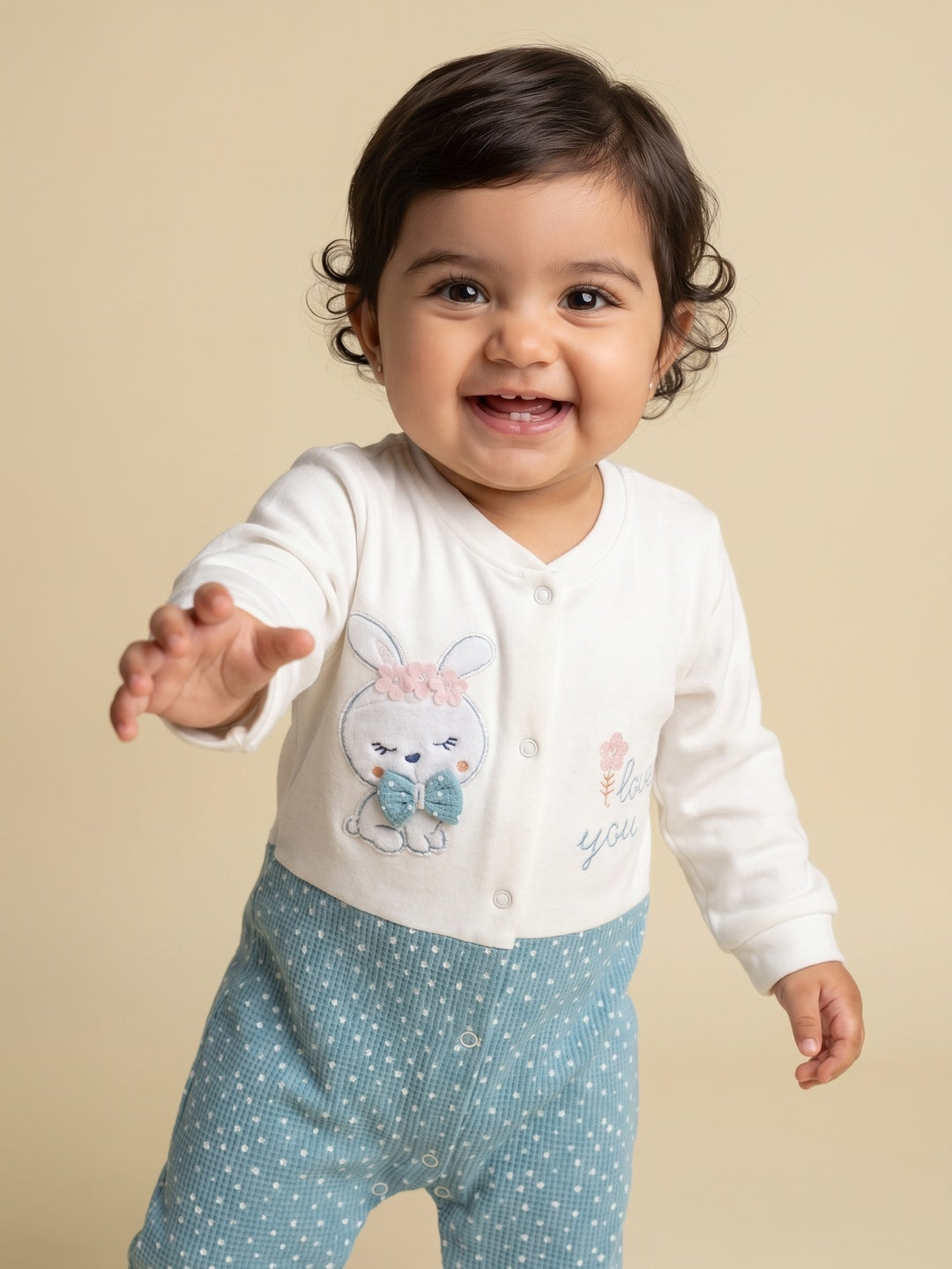 Nautinati Baby Girls' Cotton All-over Polka Printed Sleepsuit with Snap Buttons