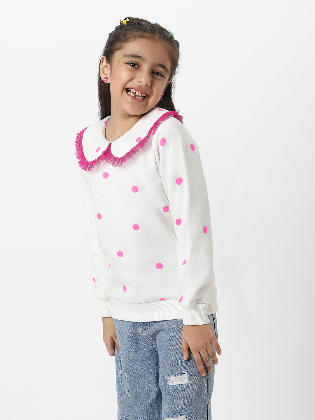 Nautinati Girls Snow White Dot Printed Ruffle Sweatshirt With Sling Bag