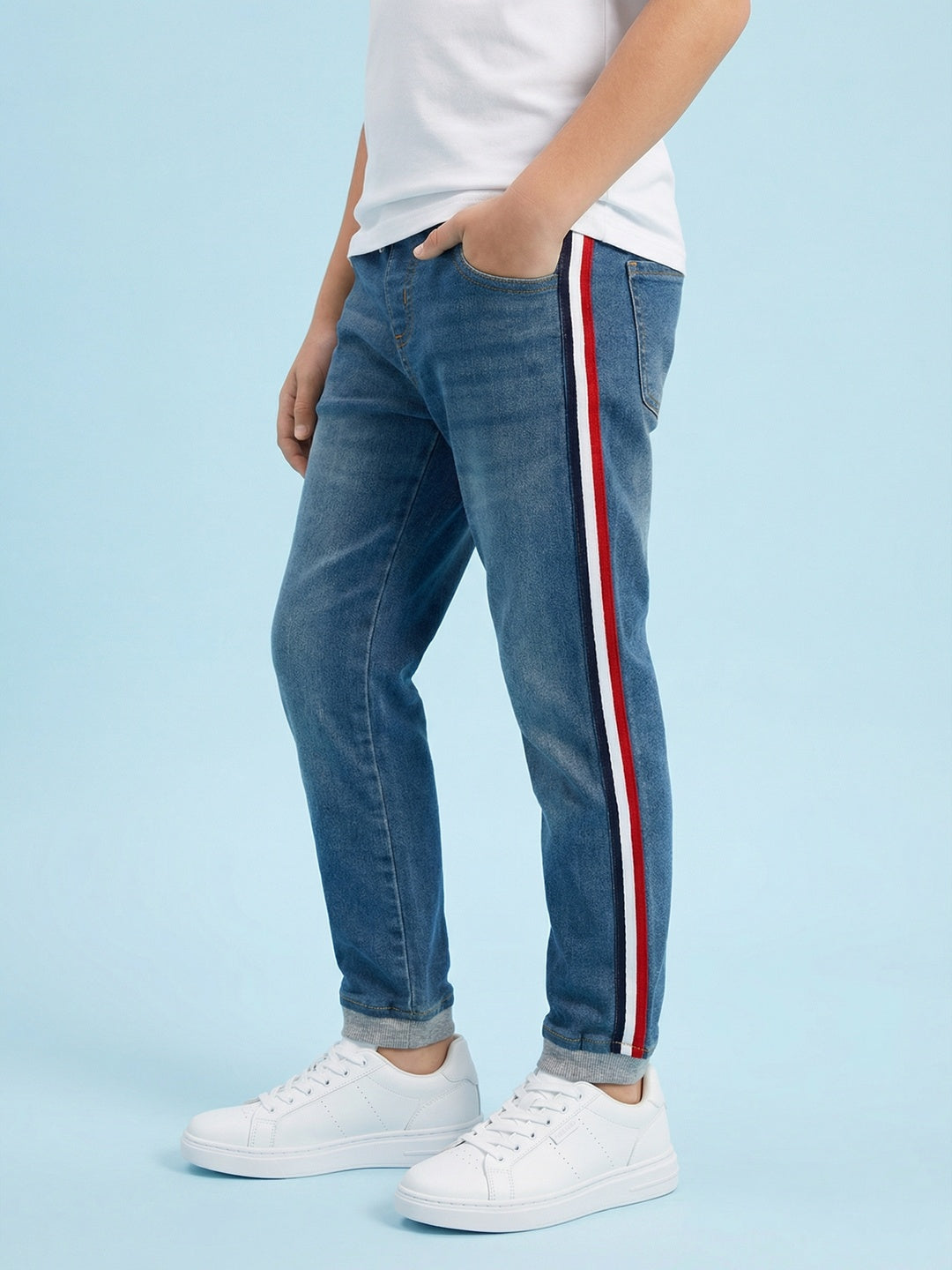 Nautinati Boys' 100% Cotton Stretchable Dark Wash Jogger Jeans with Side Tape