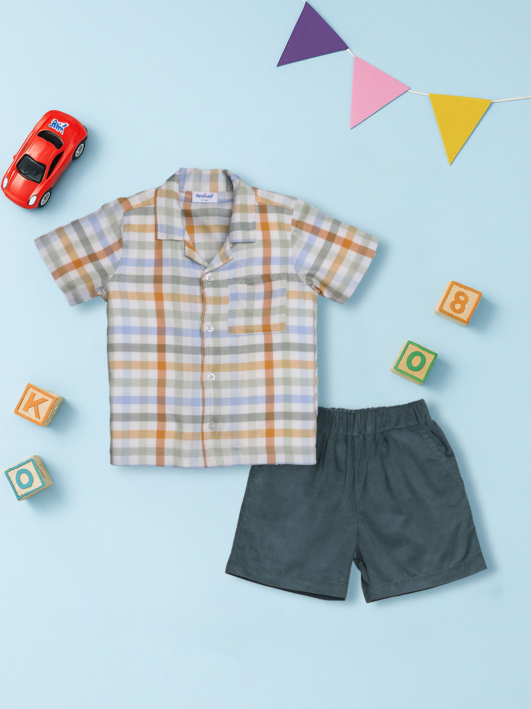 Nautinati Green Shorts With Yellow Chequered Shirt Set For Boys