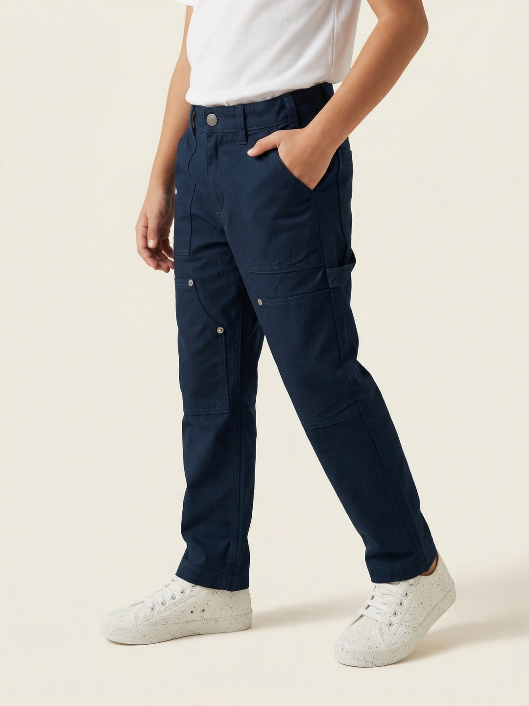 Nautinati Boys 100% Cotton Solid Relaxed Fit Twill Woven Carpenter Pants with Side Adjuster & Utility Pockets