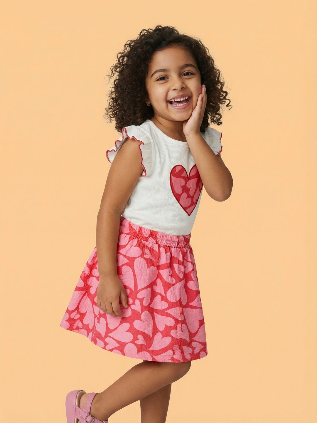 Nautinati Girls Red and White Top and Skirt Co-ord Set with Heart Applique and Print