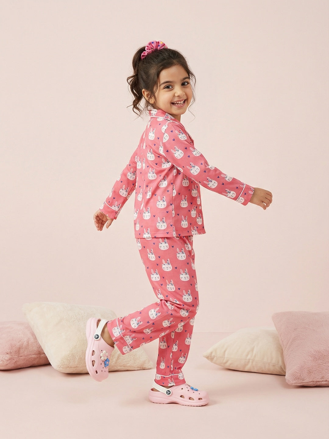 Nautinati Girls' Rayon Bunny All-over Print Woven Night Suit with Full-sleeve T-shirt & Full Bottoms