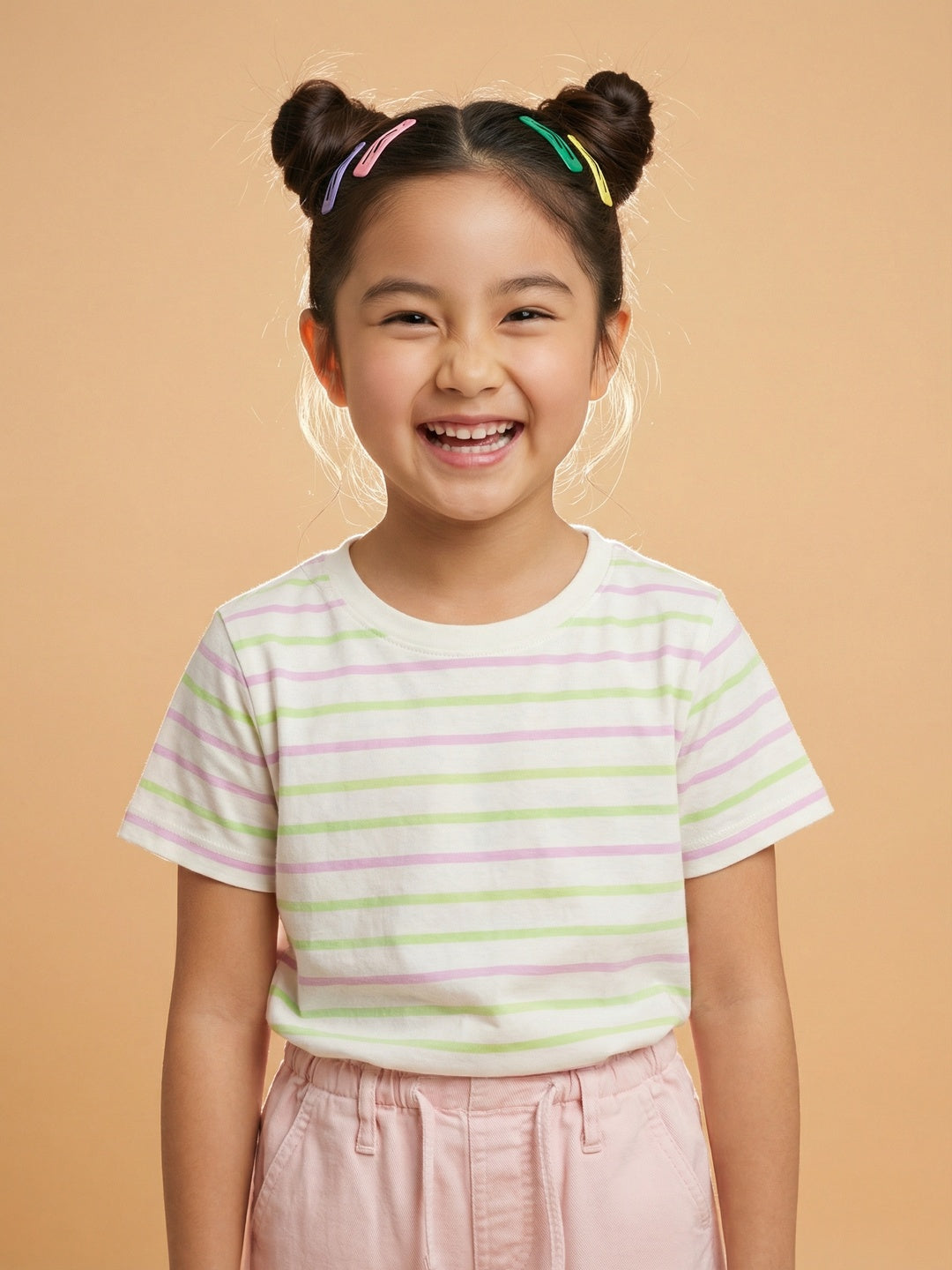 Nautinati Girls' 100% Cotton Pack of 2 Solid and striped Essentials Crew Neck T-shirts