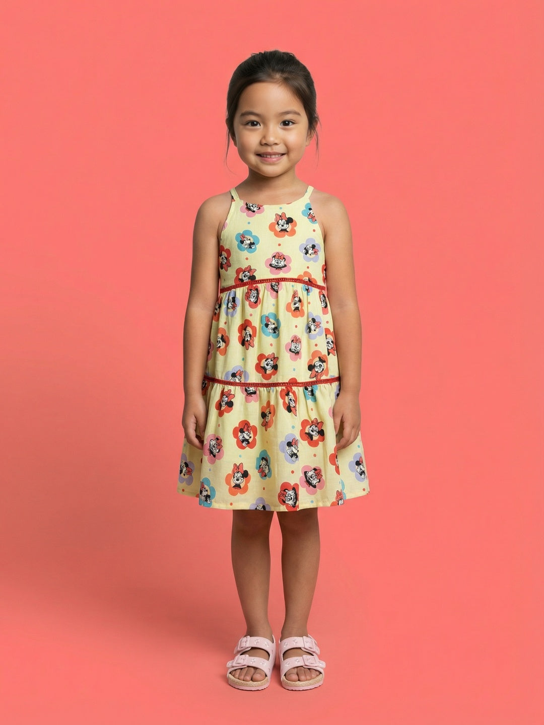 Nautinati Girls' 100% Cotton All-over Disney Minnie Mouse Floral Printed A-line Tiered Dress with Ladder Lace Design