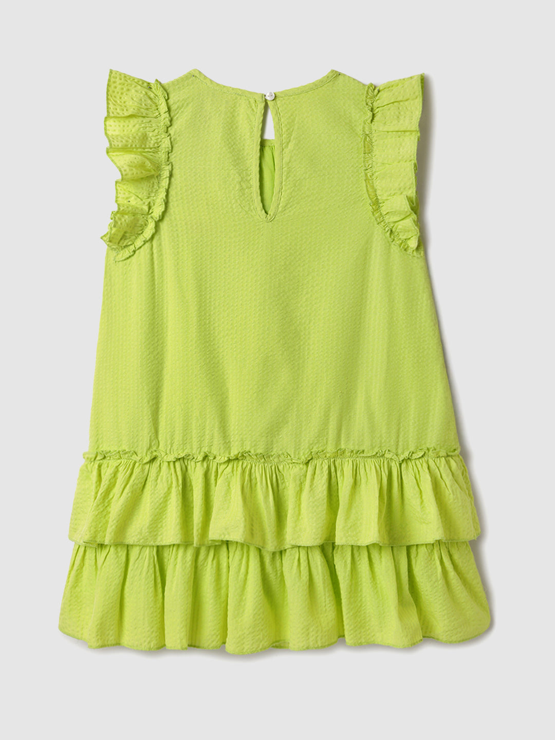 Nautinati Woven Lime Green Tiered Dress for Girls