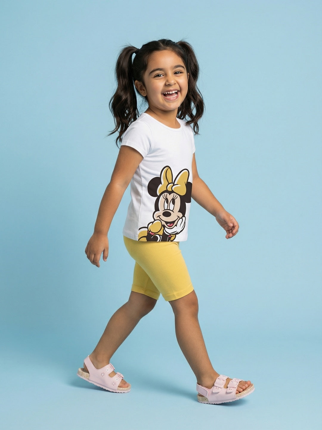 Nautinati Girls' Cotton Minnie Mouse Printed T-shirt and Biker Shorts Co-ord Set