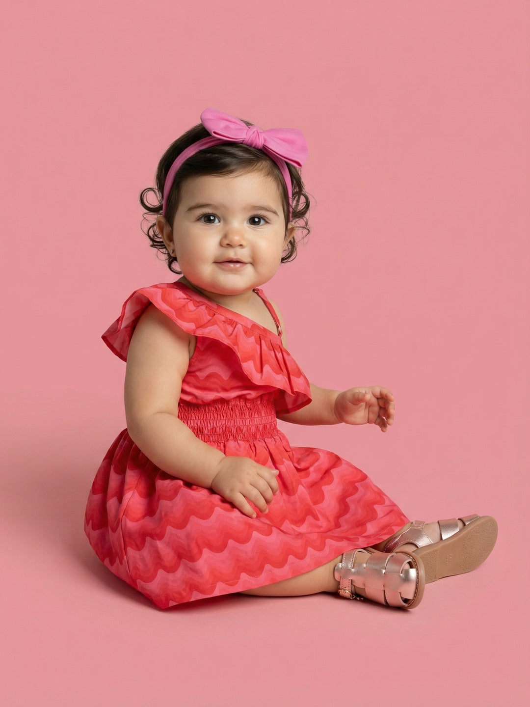 Nautinati Baby Girls Fit & Flare Off-shoulder Dress with Red Gradient Wavy Horizontal Stripes