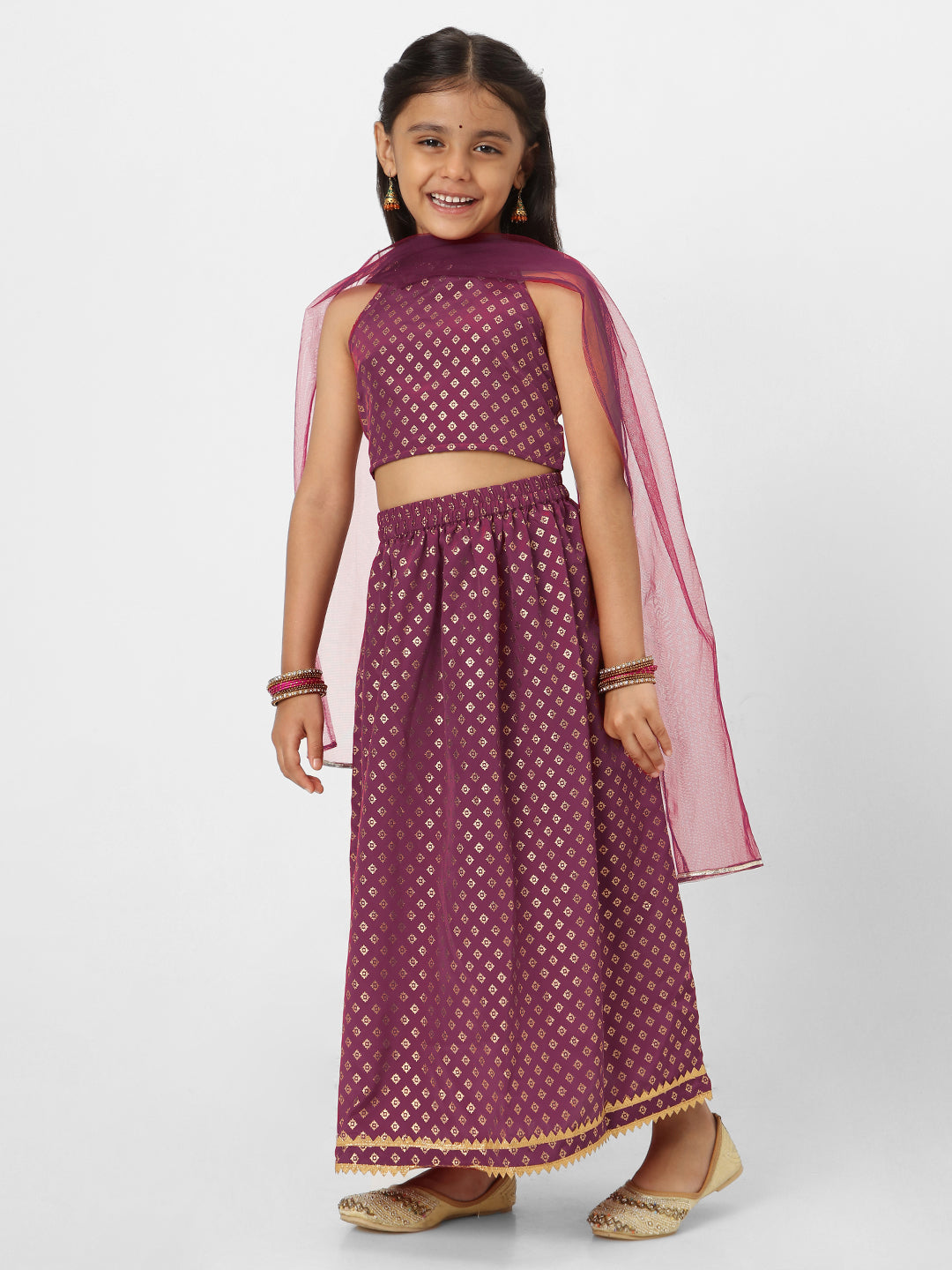 Nautinati Girls' Printed Sleeveless Lehenga Set with Dupatta