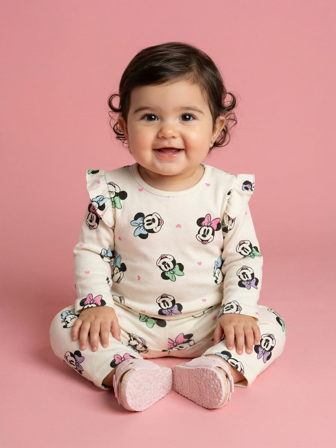 Nautinati Baby Girls' 100% Cotton All-over Disney Minnie Mouse & Heart Print T-shirt and Trackpant Co-ord Set