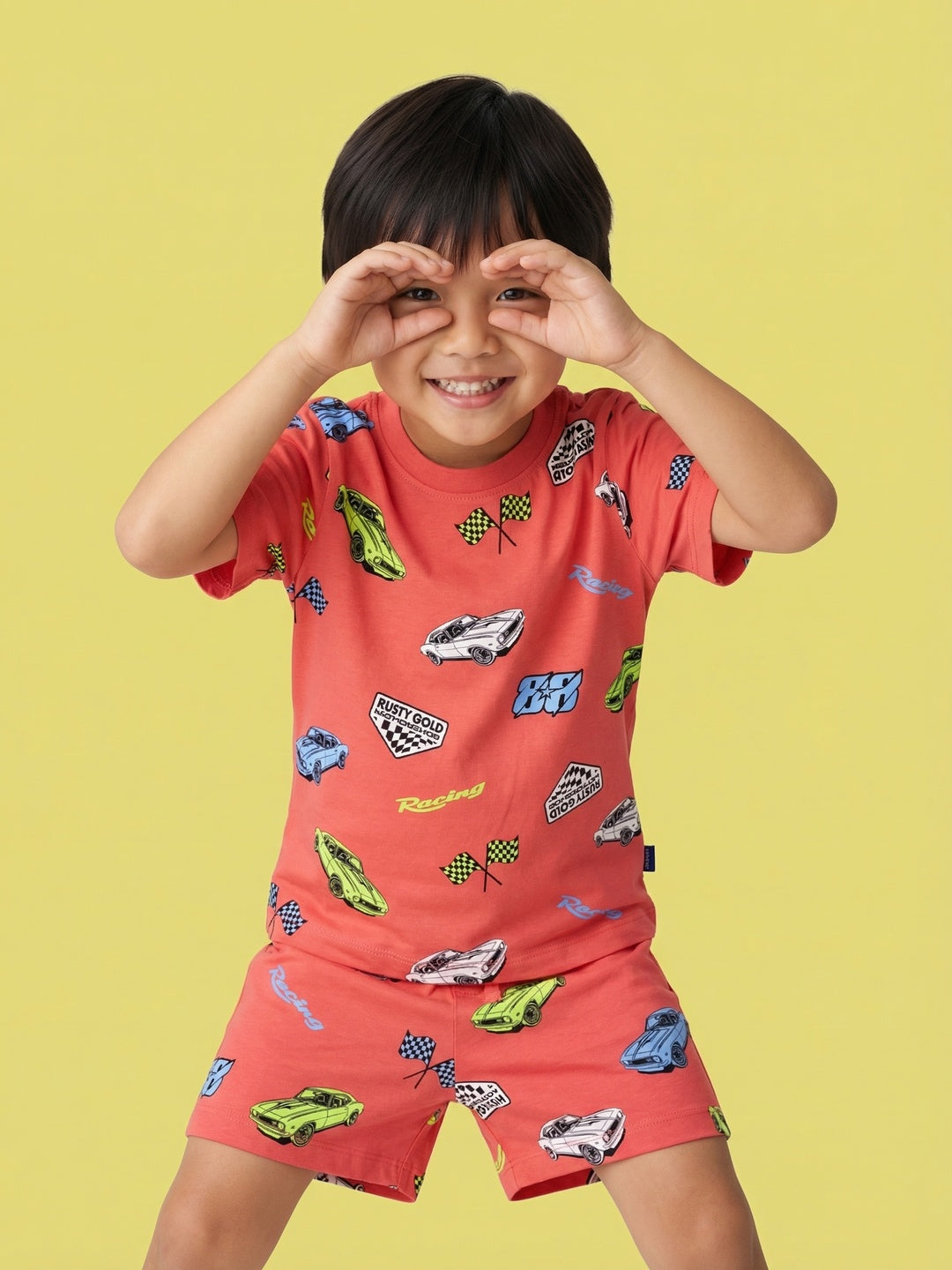 Nautinati Boys' Cars Printed Regular Fit Round Neck T-shirt and Shorts Co-ord Set