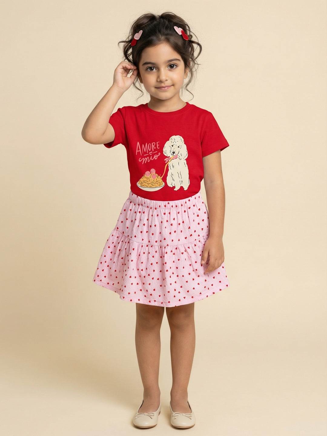 Nautinati Girls Red Regular Fit Crew Neck Cotton Graphic T-shirt and All Over Print Pink Crepe Skirt Summer Clothing Set
