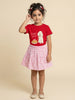 Nautinati Girls Red Regular Fit Crew Neck Cotton Graphic T-shirt and All Over Print Pink Crepe Skirt Summer Clothing Set