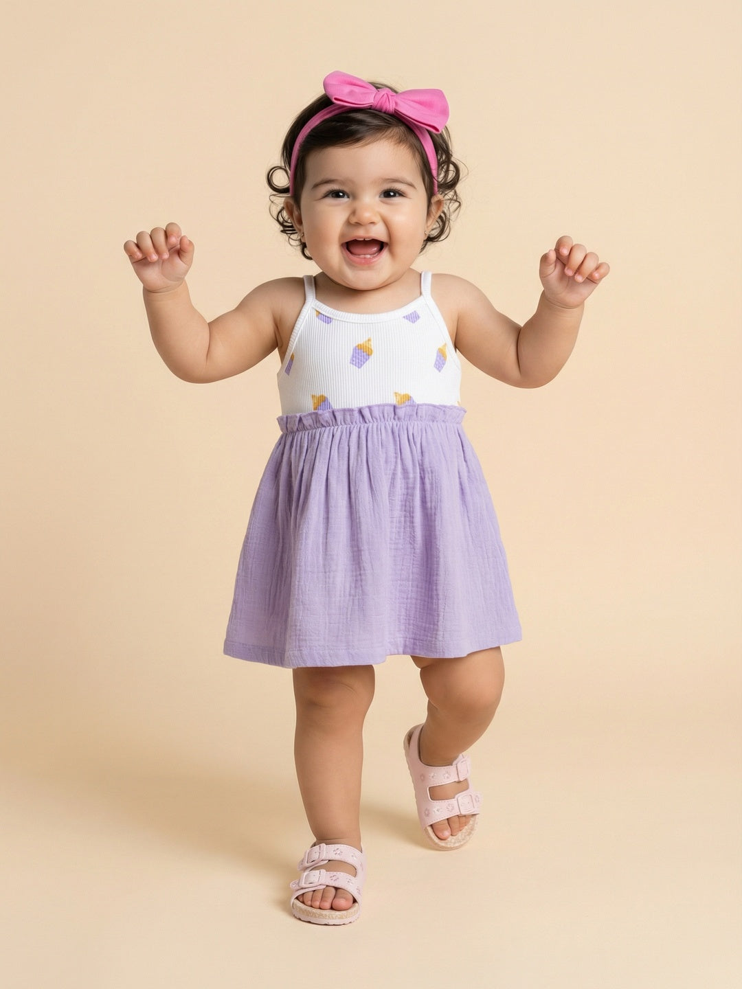 Nautinati Girls' Ribbed 100% Cotton All-over Ice Cream Print Fit & Flare Dress with Gathered Detail