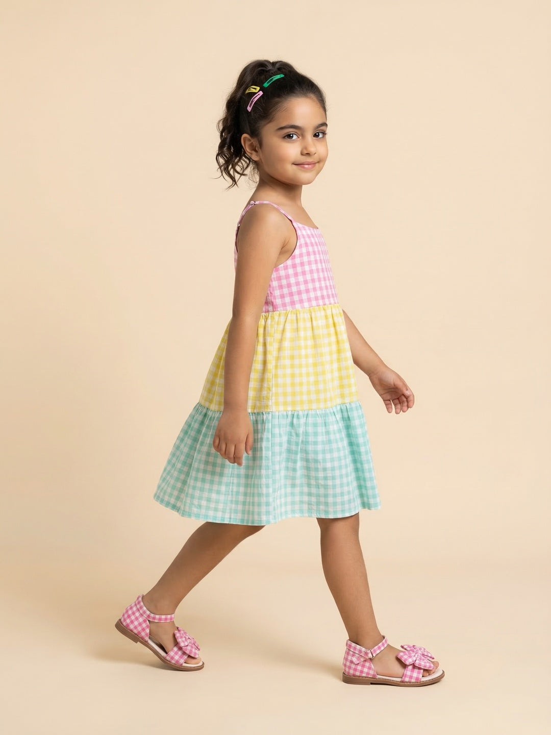 Nautinati Girls' Cotton Blend Colourblock & Gingham Chequered Gathered Strappy Dress