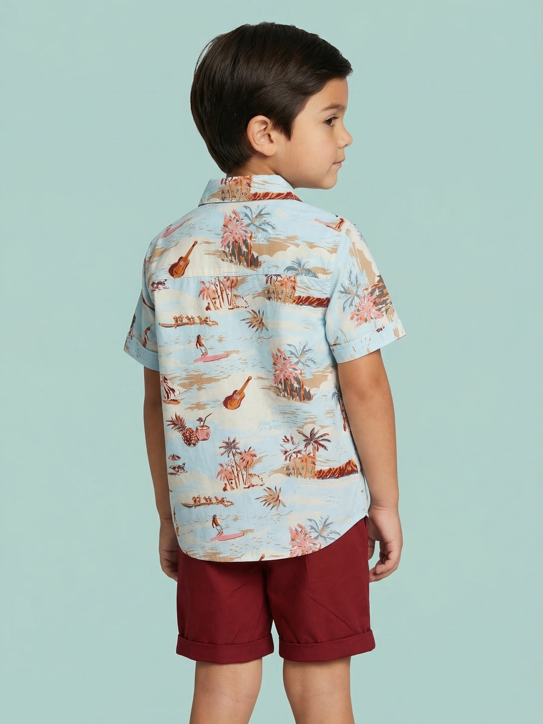 Nautinati Boys' Cotton Blend All-over Palm Tree and Surfer Shirt & Shorts Co-ord Set