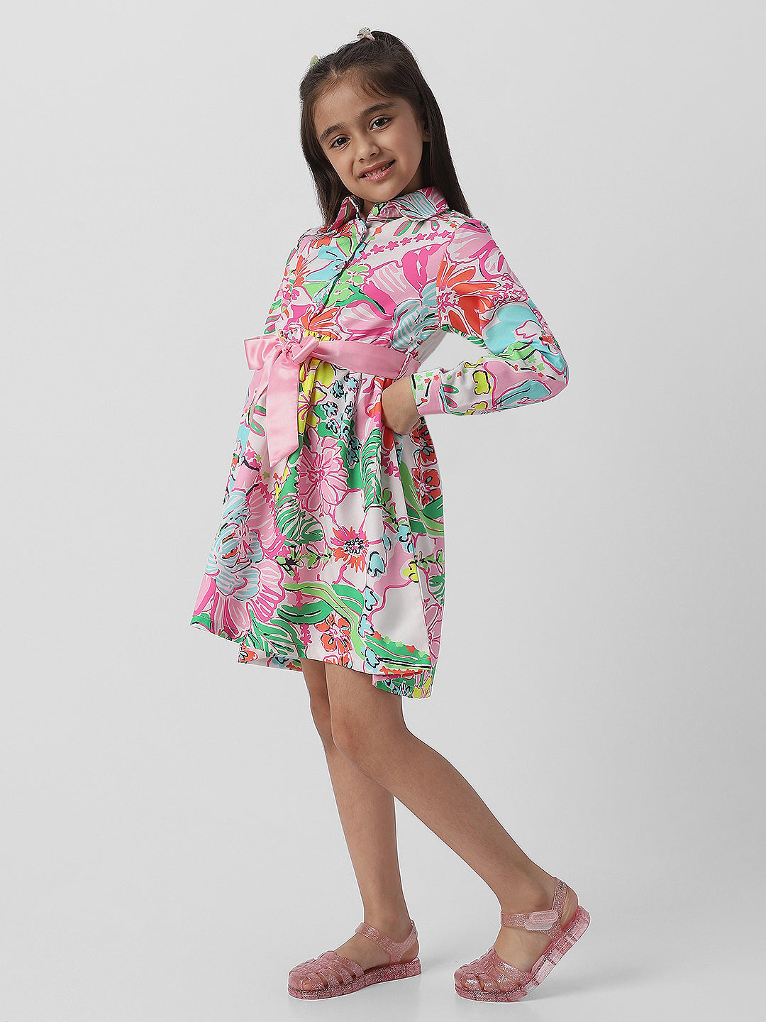 Nautinati Girls Shirt Frock With Ribbon at Waist