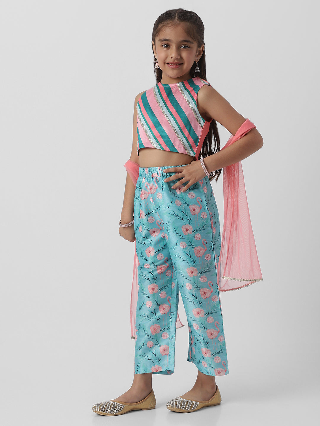 Nautinati Girlsâ€™ Striped Sleeveless Top and Printed Straight Pants with Net Dupatta