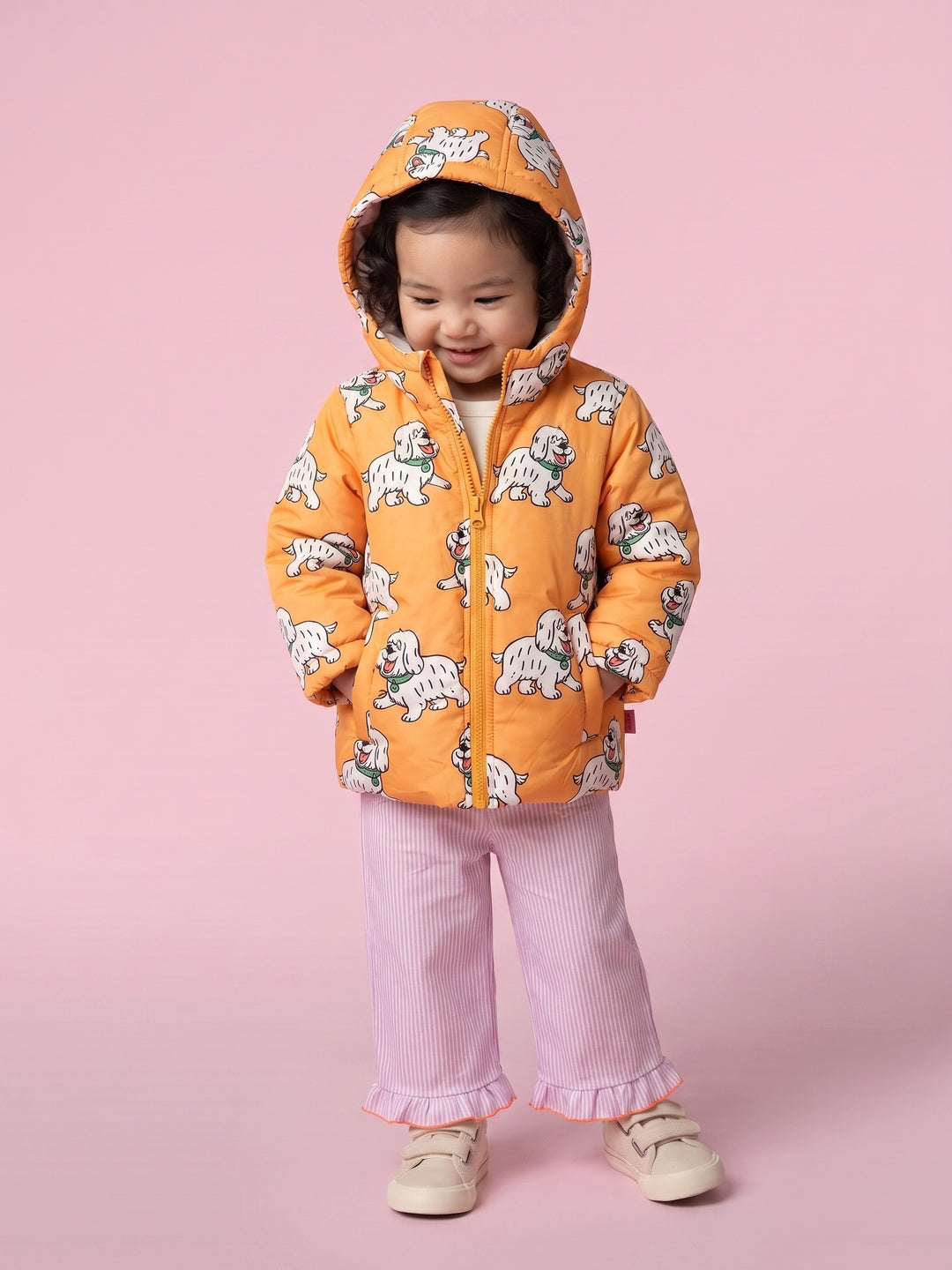 Nautinati Baby Girls Regular Fit Hooded Dog Printed Puffer Jacket with Front Zip