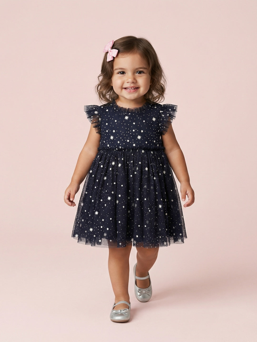 Nautinati Baby Girls' Fit & Flare Party Dress with Holographic All-over Star Foil Print Mesh