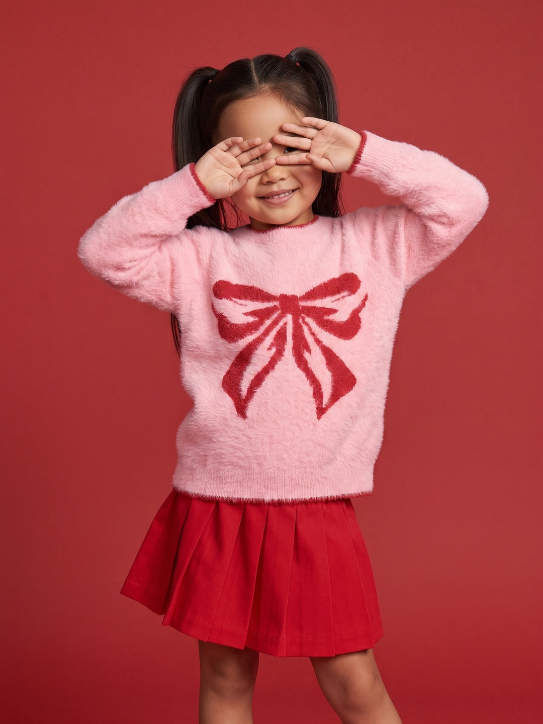 Nautinati Girls Relaxed Fit Fuzzy Bow Knit Sweater with Round Neck and Full Sleeves