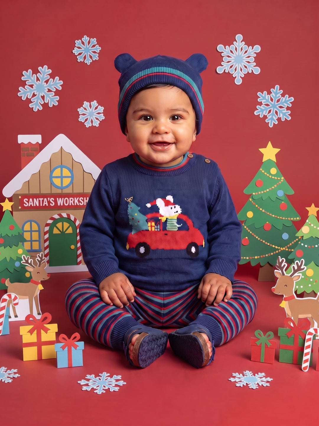 Nautinati Baby Boys Relaxed Fit Christmas Sweater & Pyjama Set with a Matching Cap