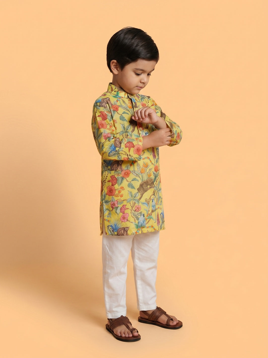 Boys' 100% Cotton Festive Forest-print Resort Style Kurta & Pyjama Set