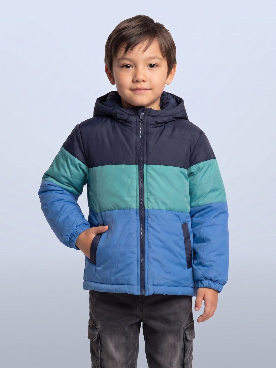 Nautinati Boys Hooded Colourblock Puffer Jacket with Front Zip, Regular Fit