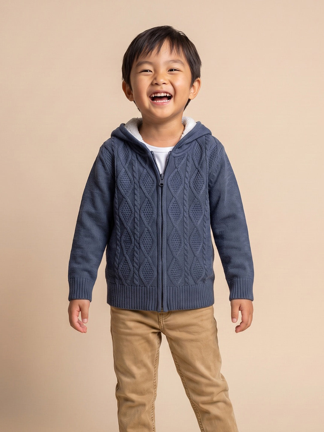 Nautinati Boys Cable Knit Zip-Up Full Sleeve Sweater, Relaxed Fit