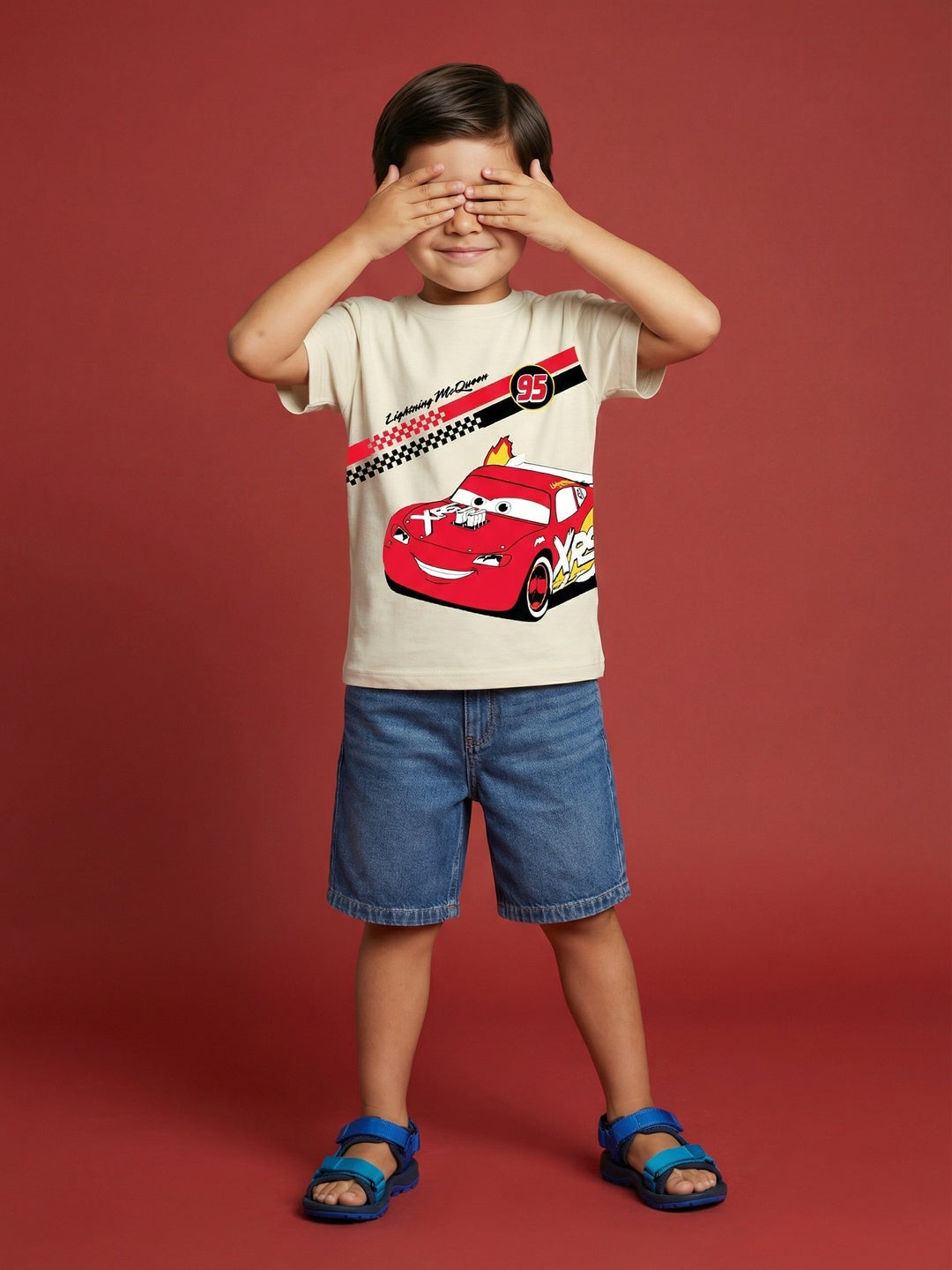 Nautinati Boys' 100% Cotton Crew Neck Disney Cars Placement Print T-shirt