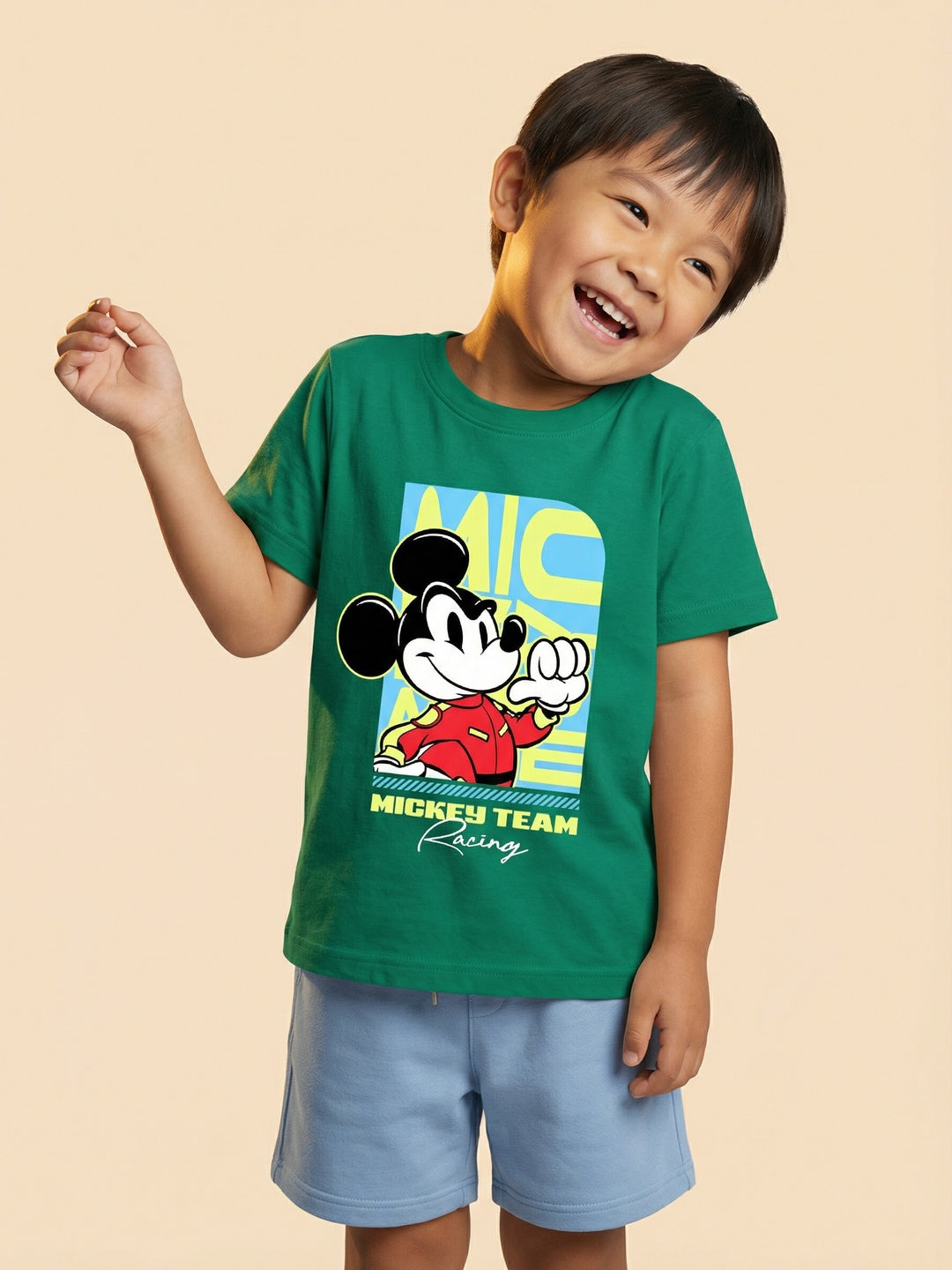 Nautinati Boys' 100% Cotton Crew Neck Disney Mickey Mouse Racing Placement Print T-shirt