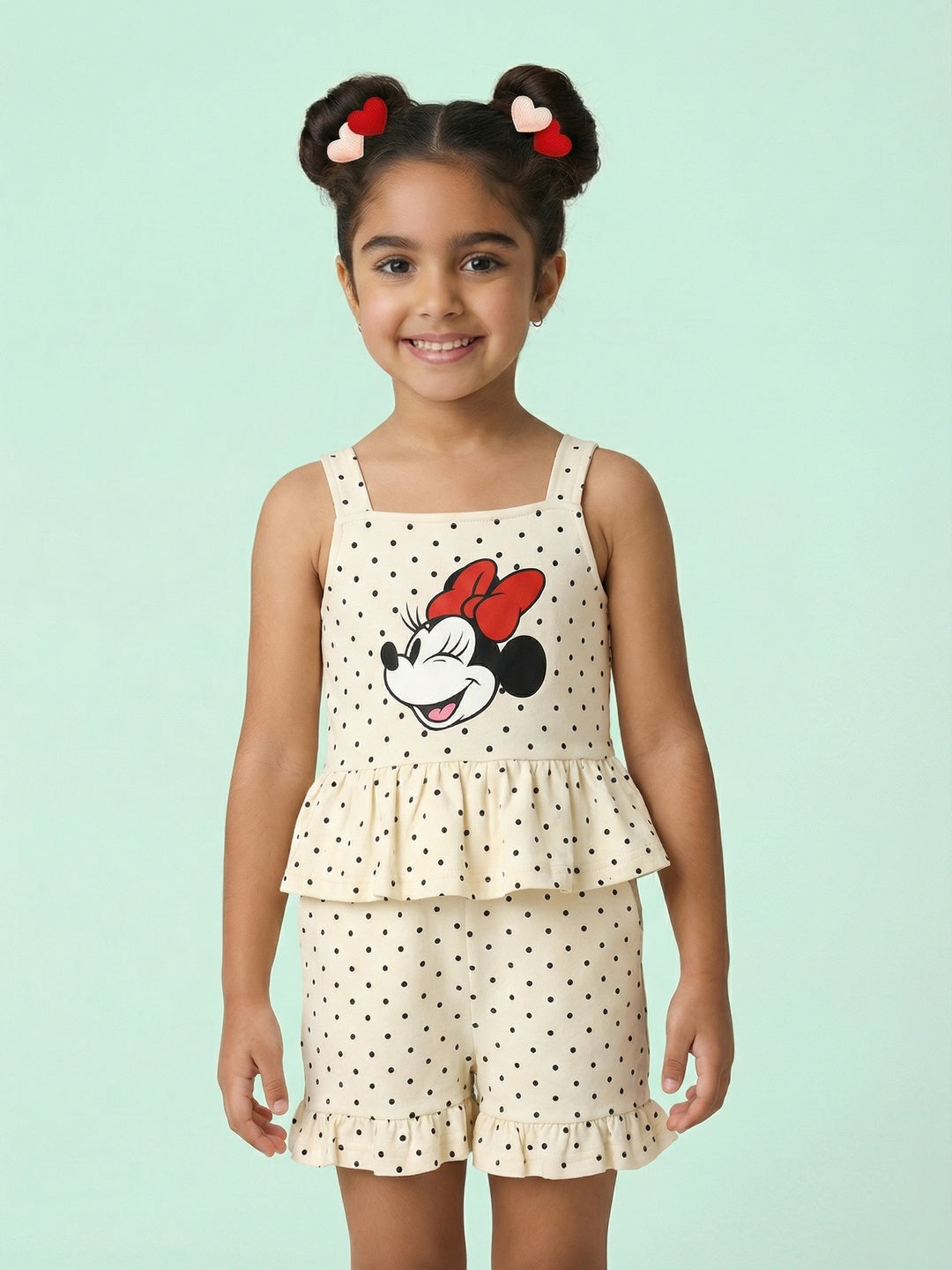Nautinati Girls' 100% Cotton Disney Minnie Mouse Print with Polka Dots Jumpsuit with Ruffle Details