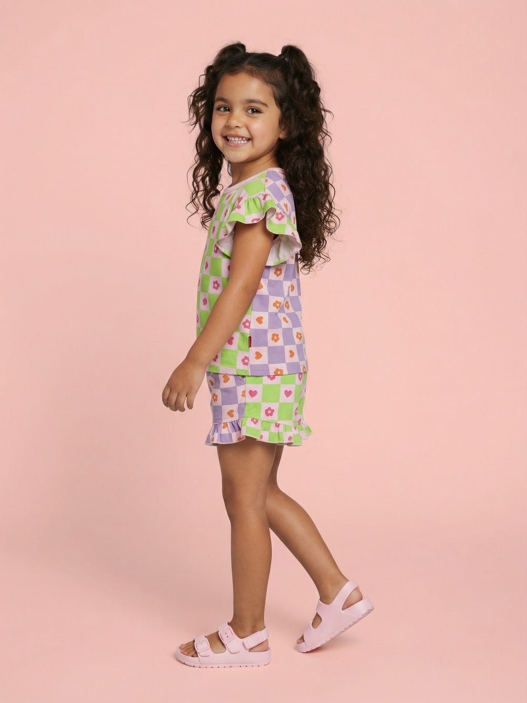 Nautinati Girls Floral Checks Print Half Sleeve Cotton T-shirt and Shorts Co-Ord Set