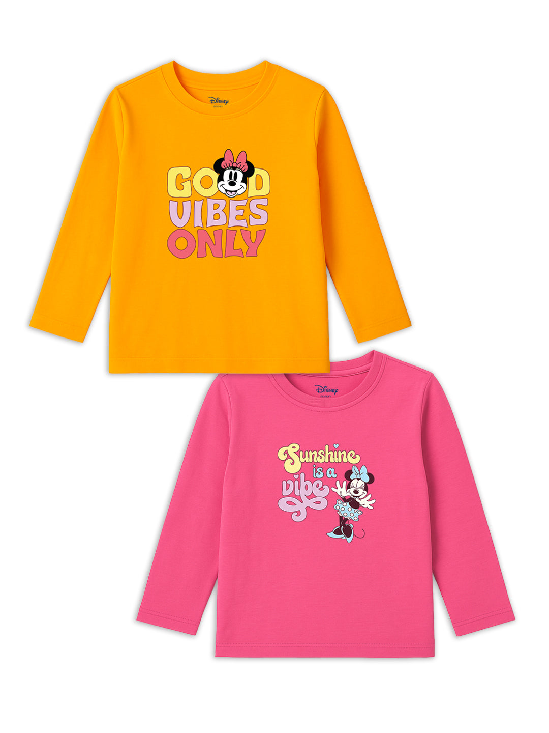 Nautinati Pack of 2 Pink and Orange Minnie Mouse Print T-shirts for Girls