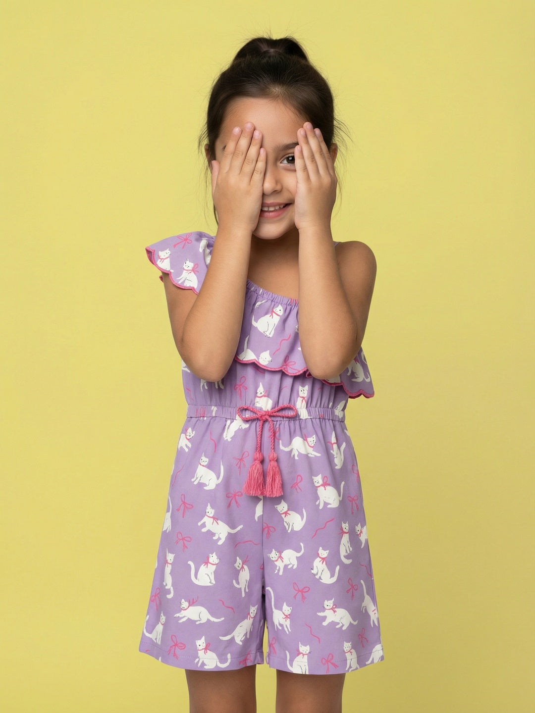 Nautinati Girls' Asymmetric Off-shoulder Cat Printed Playsuit with Tassel & Scallop Details