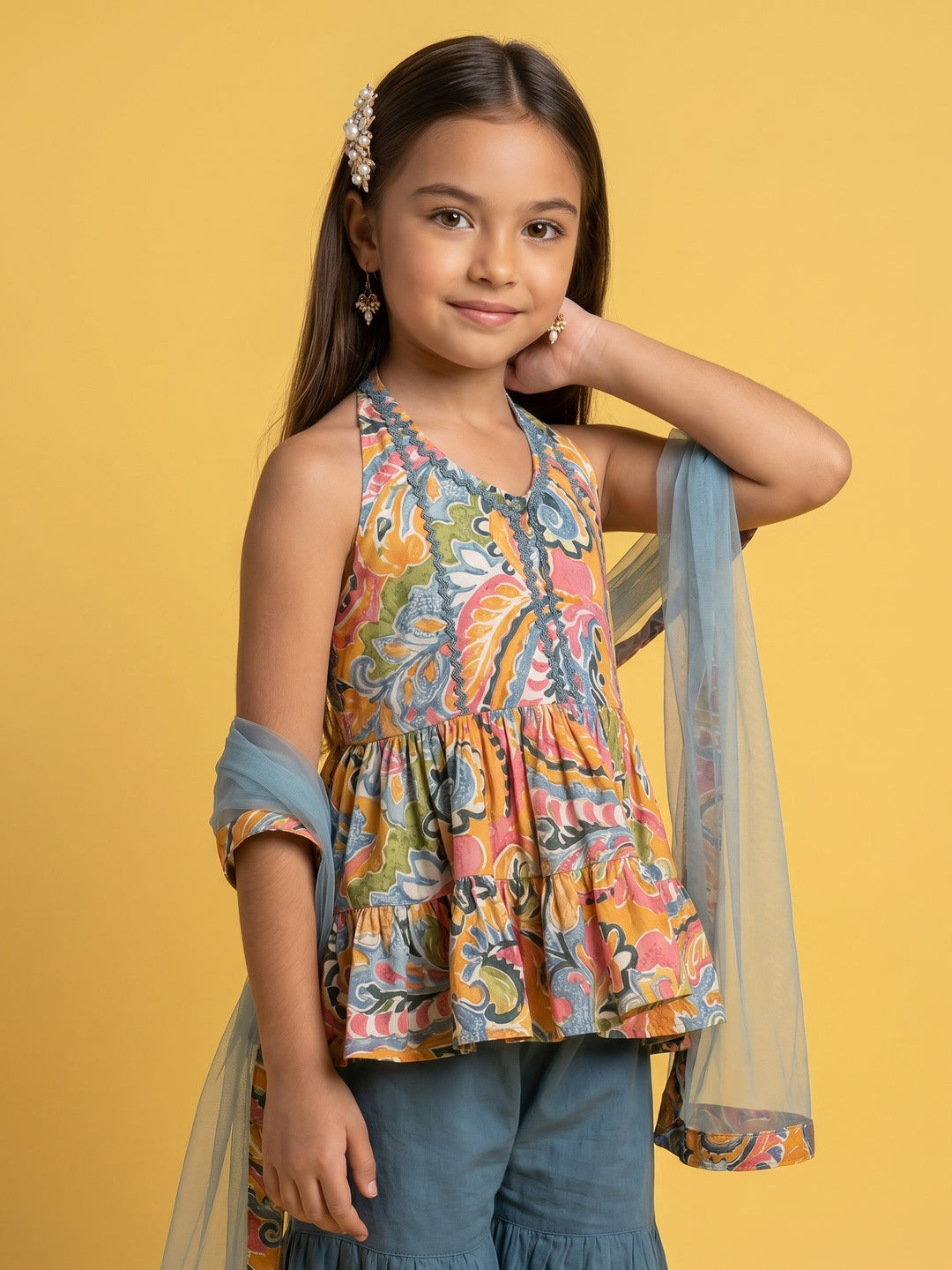 Nautinati Girls' A-line All-over Paisley Print Kurti, Solid Sharara, Net Dupatta Set with Gota Patti Details