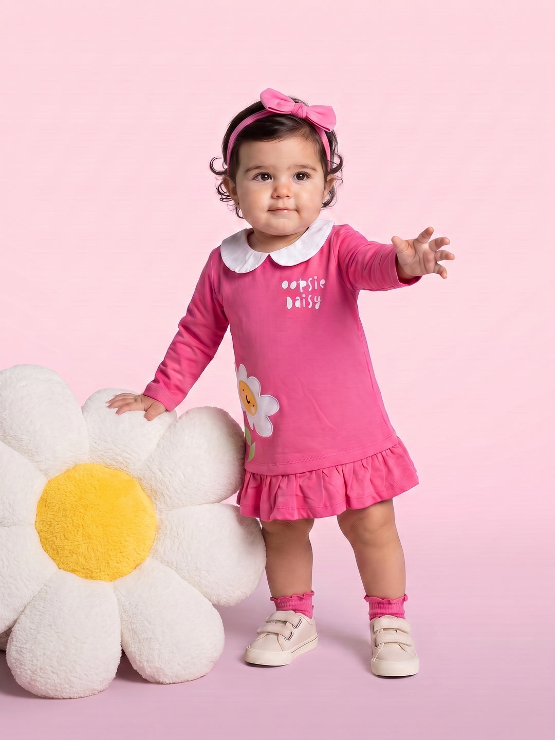 Nautinati Baby Girls Oopsie Daisy Sweatshirt Frock with Peter Pan Collar