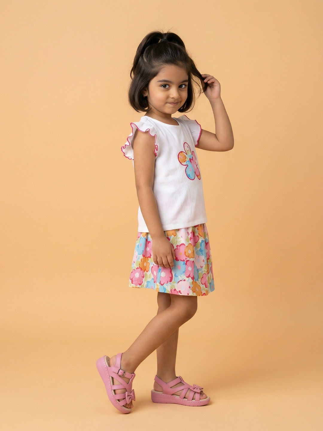 Nautinati Girls Cap Sleeve White Top with Flower Applique and Printed Skirt Clothing Set