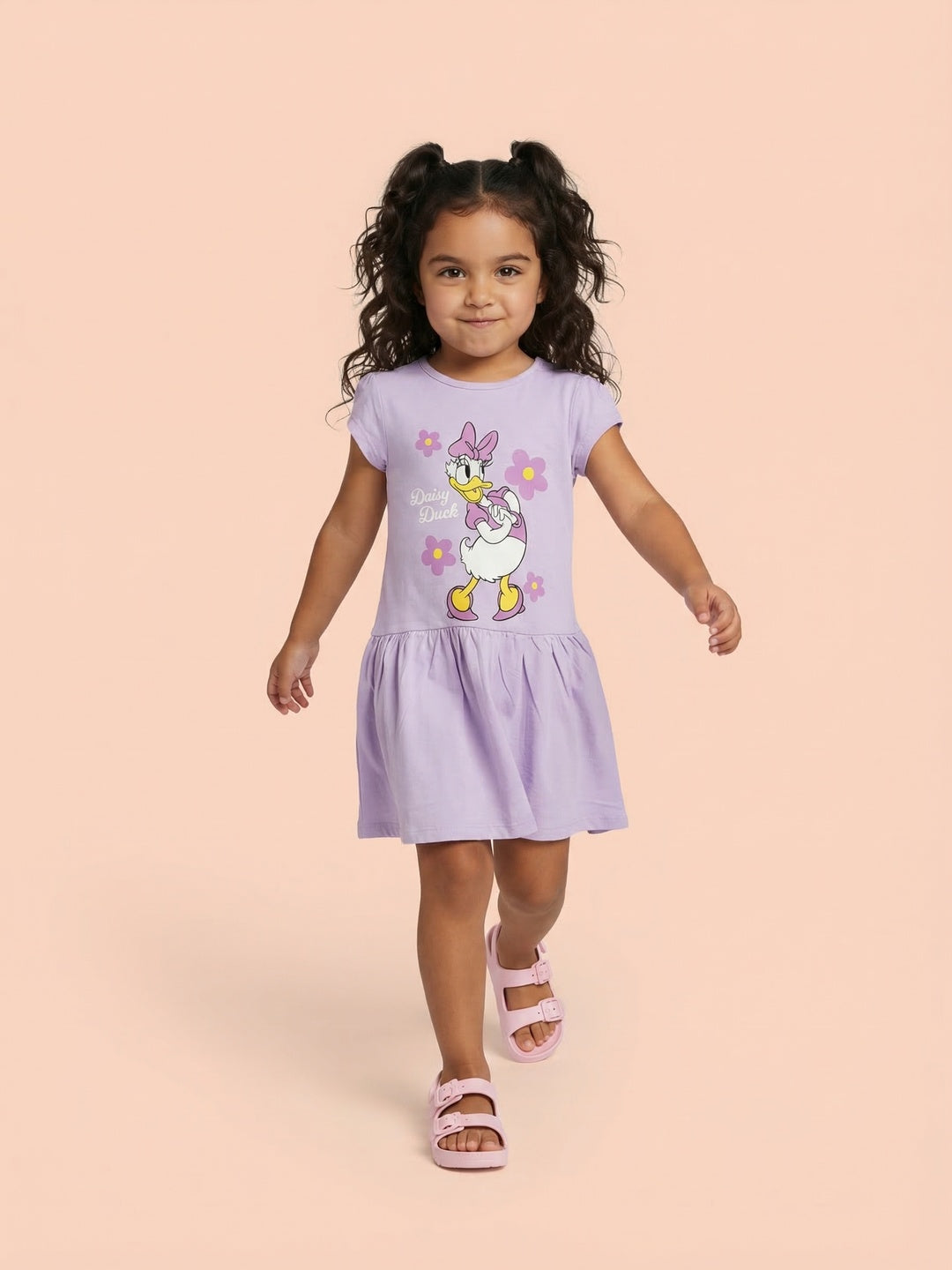 Nautinati Girls' 100% Cotton Disney Daisy Duck Floral Placement Print A-line Dress