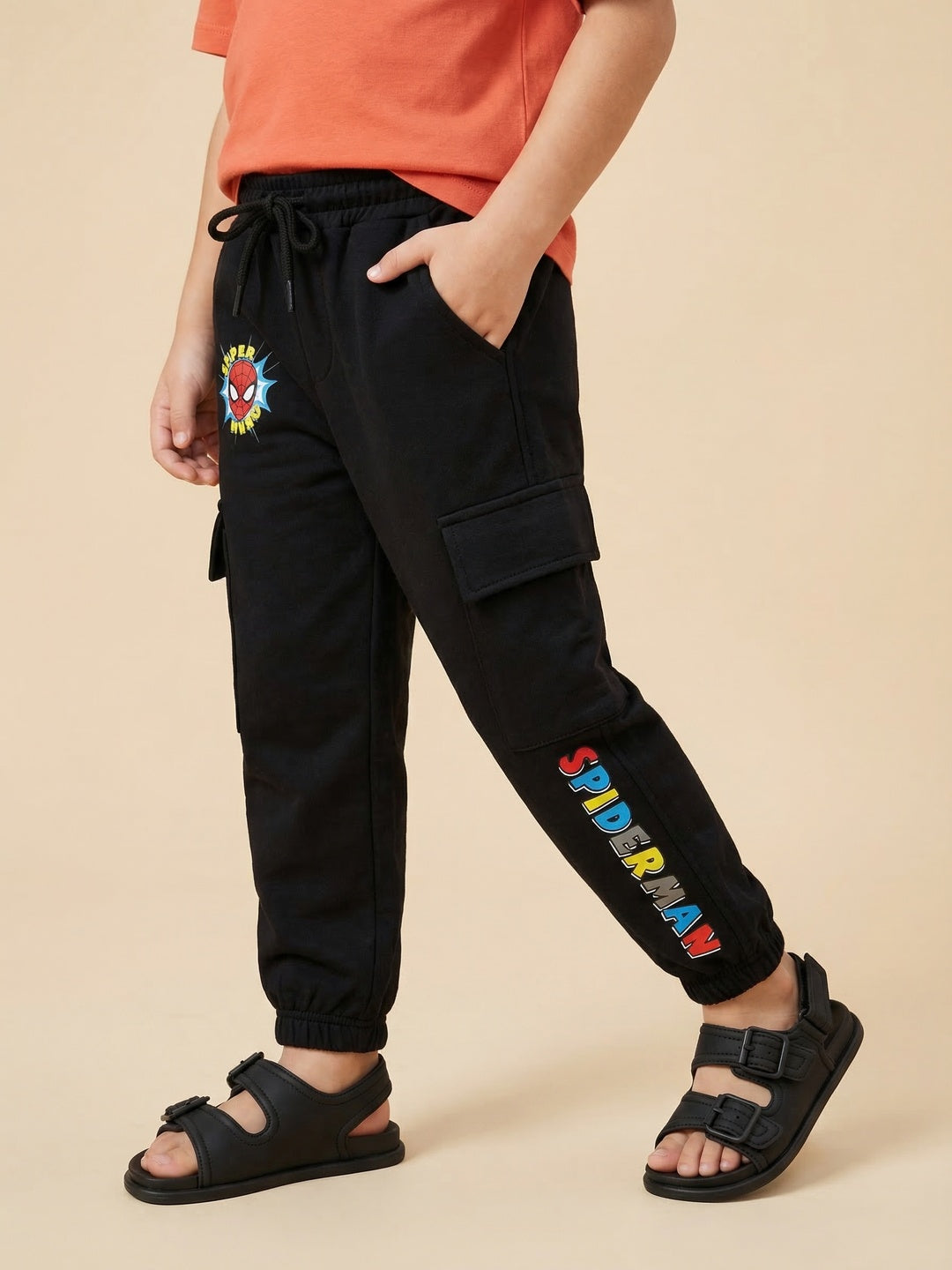 Nautinati Boys' 100% Cotton Marvel Spiderman Placement Print cargo Joggers