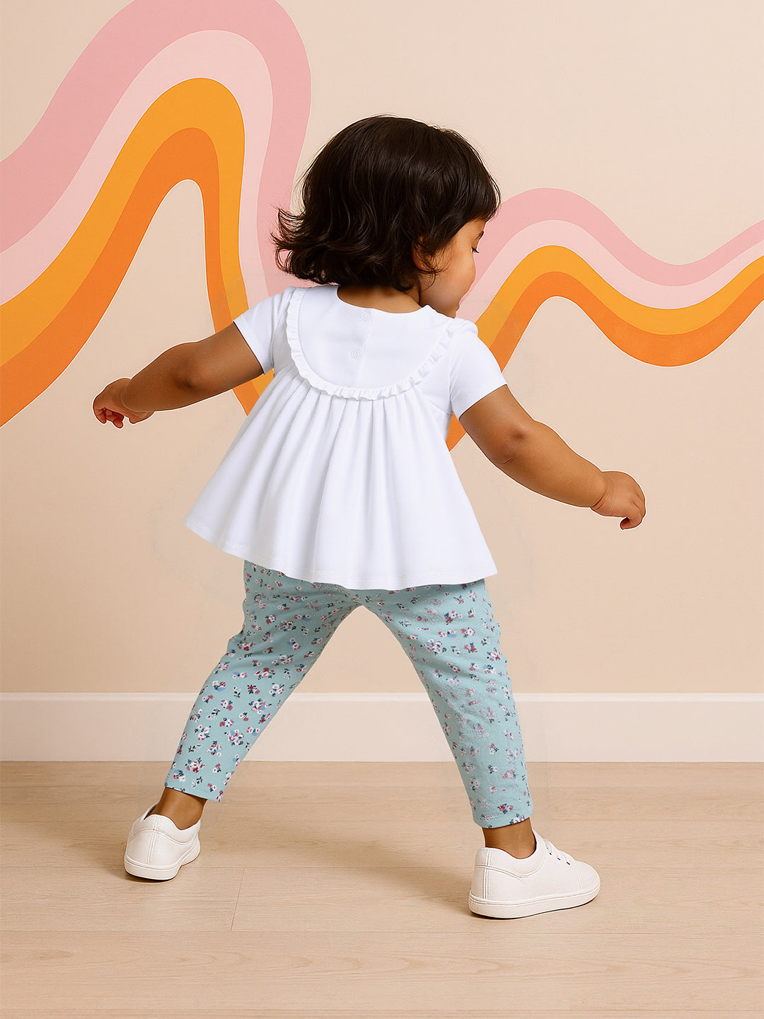 Nautinati Cotton White Top And Floral Green Leggings Set For Infant Girls