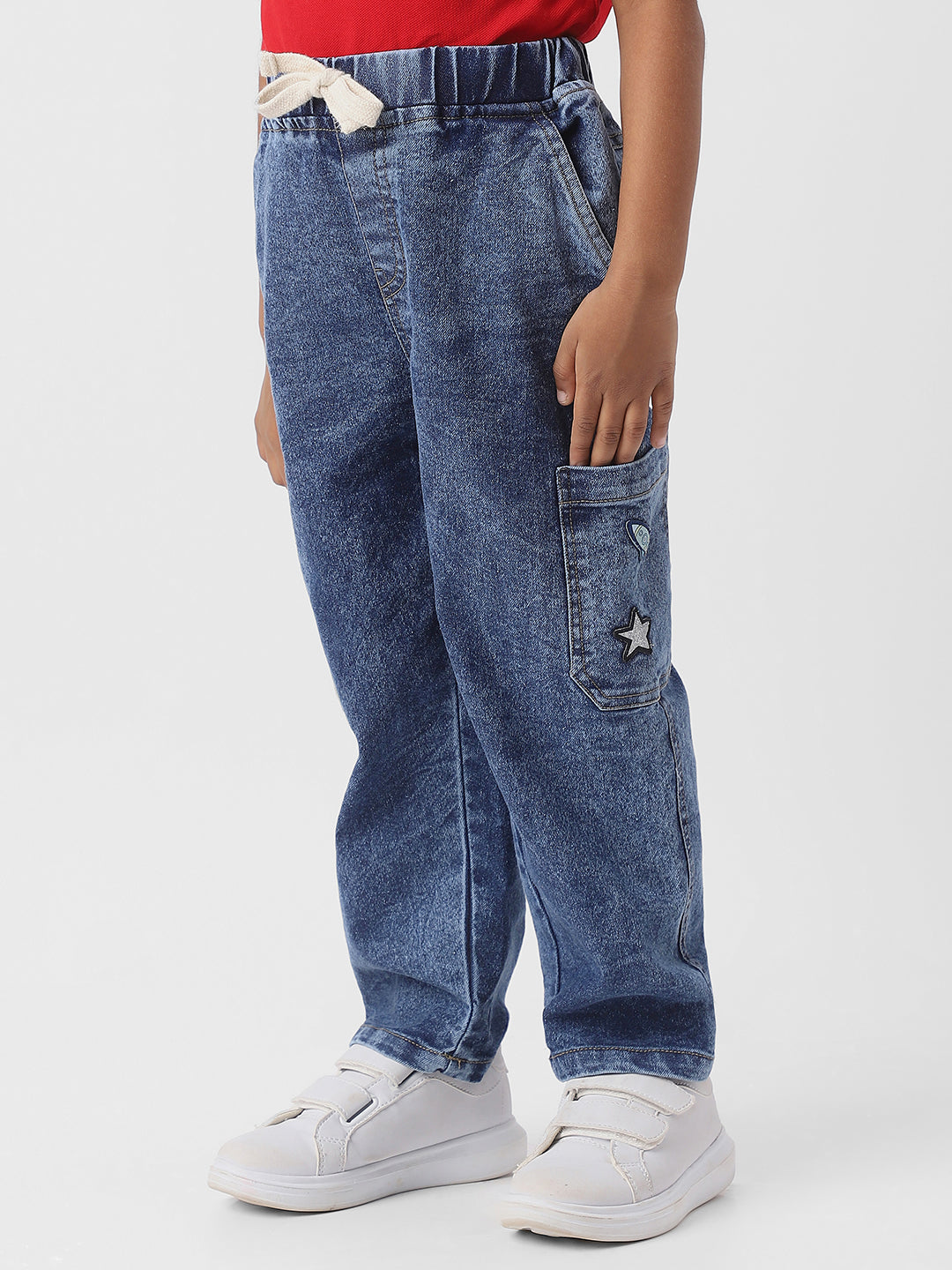 Nautinati Boys Cotton Denim Ankle Length Cargo Jeans with Embroidery Details