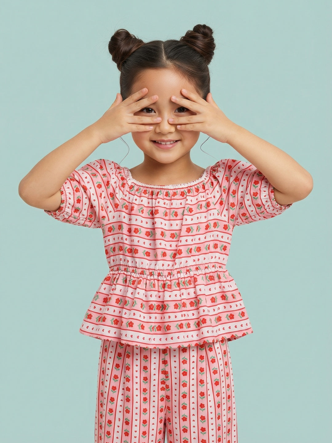 Nautinati Girls Valentine's Edition Red Floral Striped Peplum Top with Wide Leg Bottoms Co-ord Set