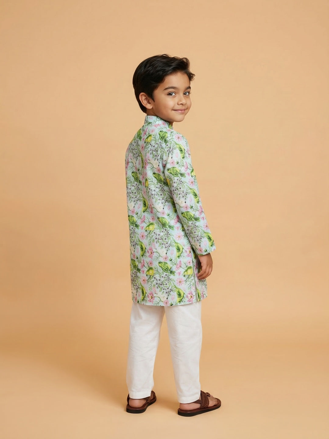 Nautinati Boys' 100% Cotton Festive Resort Style Tropical Print Kurta & Pyjama Set