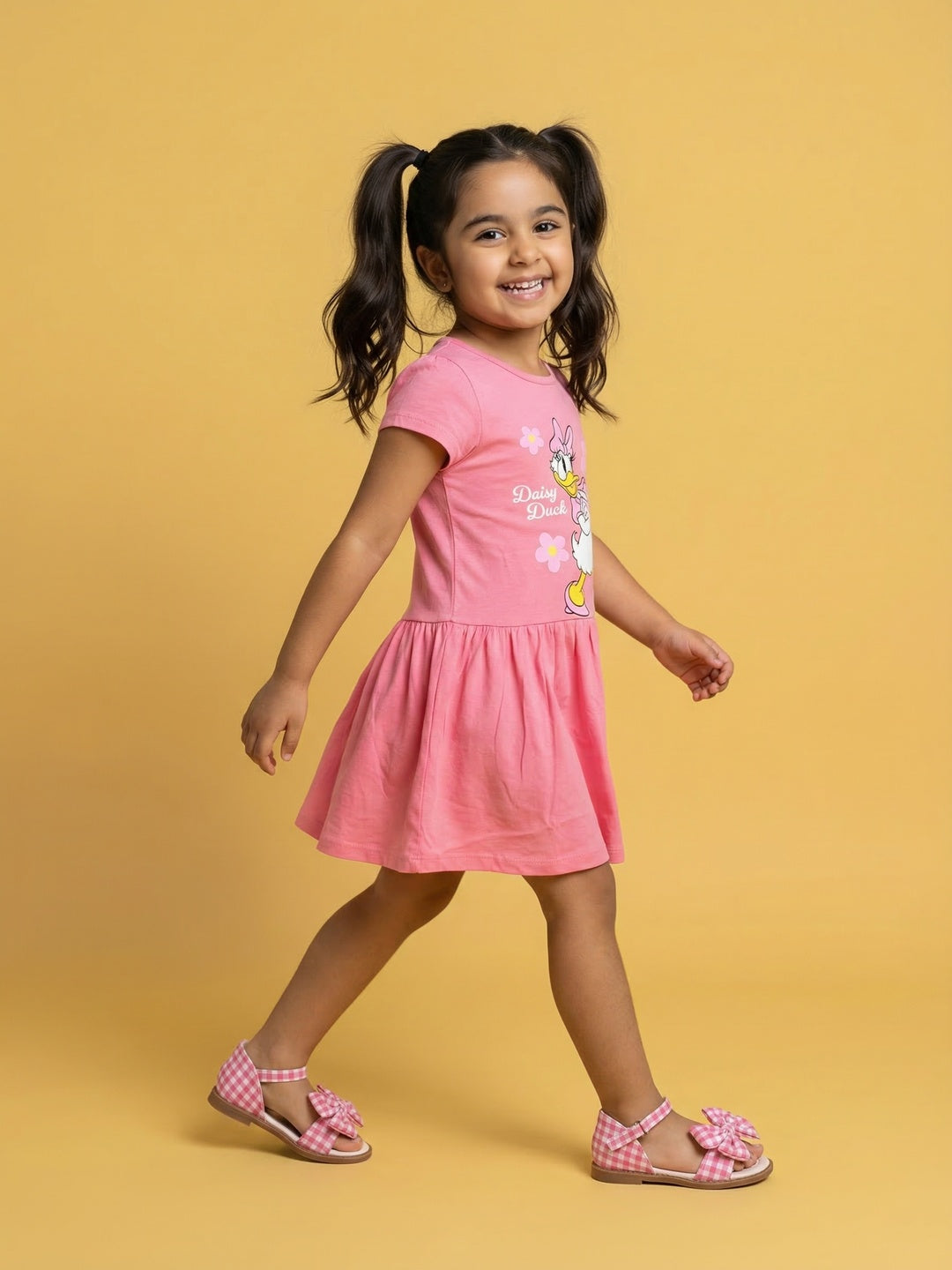 Nautinati Girls' 100% Cotton Disney Daisy Duck Floral Placement Print A-line Dress