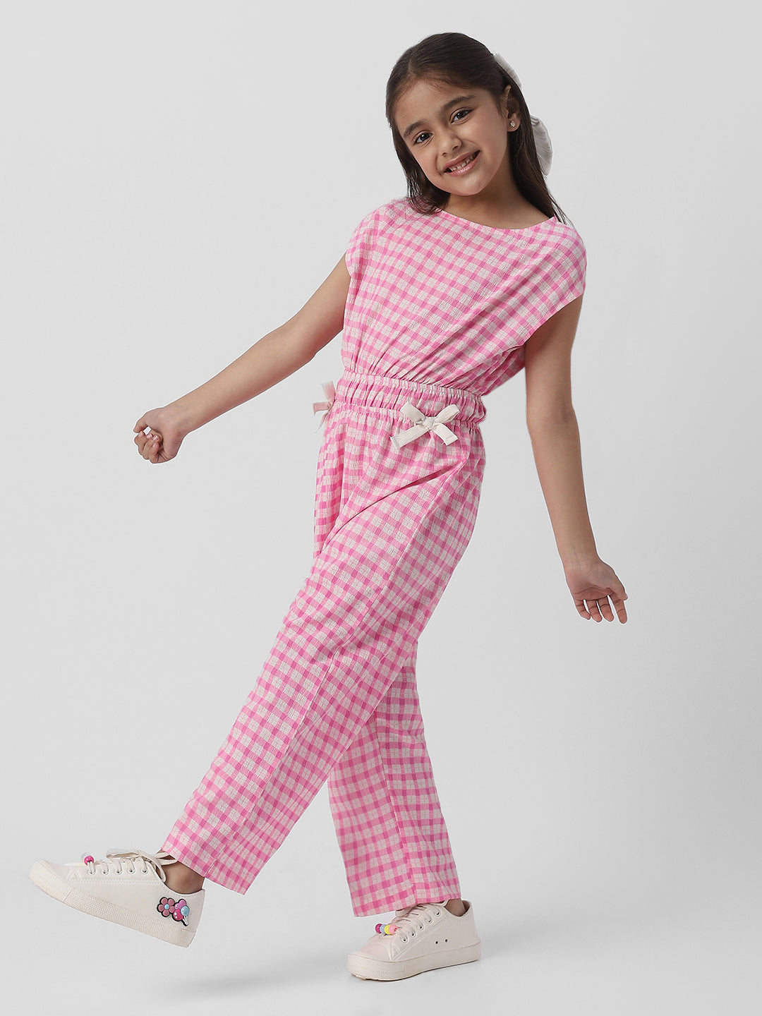 Nautinati Girls Cotton Textured Fabric Gingham Checked Jumpsuit with Bow Detail